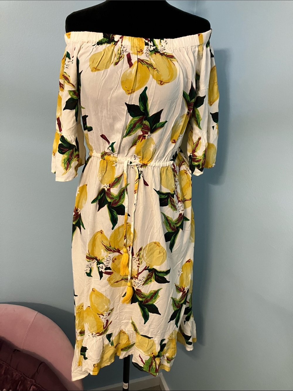 blue island White Off-Shoulder Midi Dress with Yellow Lemon Print